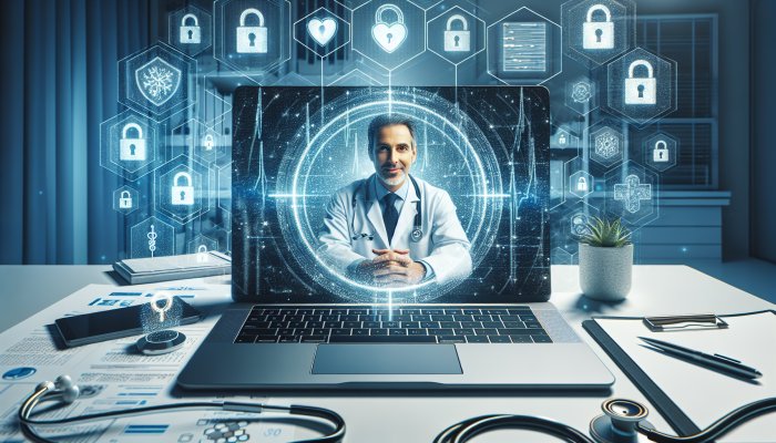A secure telemedicine session on a laptop featuring digital locks and encryption symbols, providing reassurance to a calm patient.
