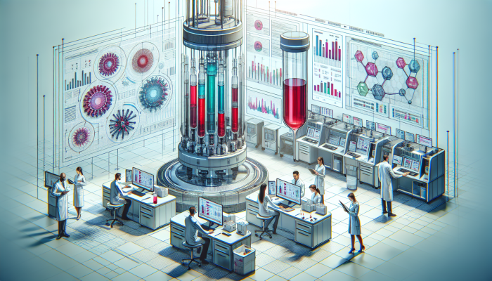 Advanced lab analysing blood samples with automated systems and digital displays, ensuring precision and efficiency.