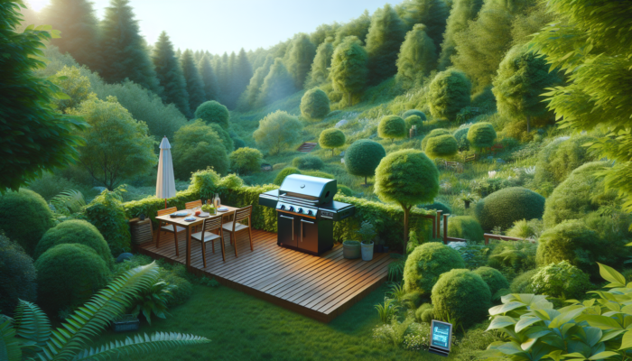 Modern eco-friendly grill using sustainable fuel in a lush backyard setting.
