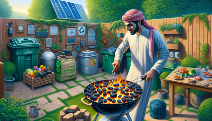 A person grilling with reused and new charcoal briquettes in a sustainable backyard, promoting eco-friendly and cost-saving practices.