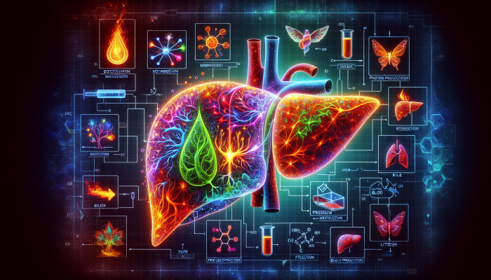 A detailed illustration of a human liver showing its functions like detoxification, metabolism, and bile production in vibrant colours.