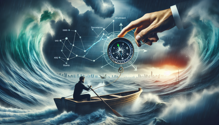 An individual using a 'Financial Management' compass to navigate turbulent seas towards a calm and prosperous horizon.