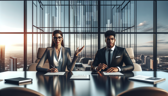 An individual in formal attire negotiating with a creditor at a conference table in a modern office overlooking the city.