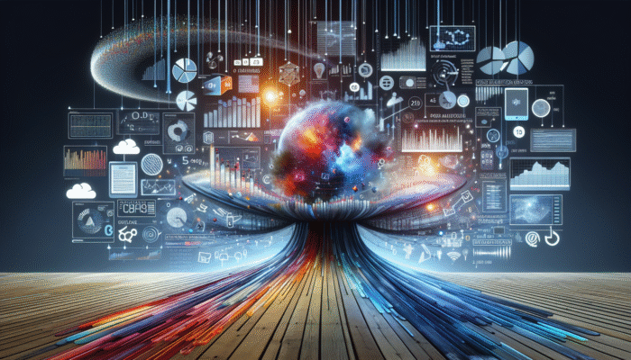 Digital landscape showing data streams from web analytics tools like Google Analytics flowing into a central hub.
