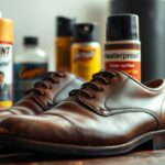 Polished brown smooth leather dress shoes with various shoe care products