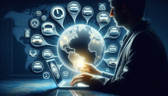 Individual comparing car rental options on a laptop, surrounded by company logos and a world map.