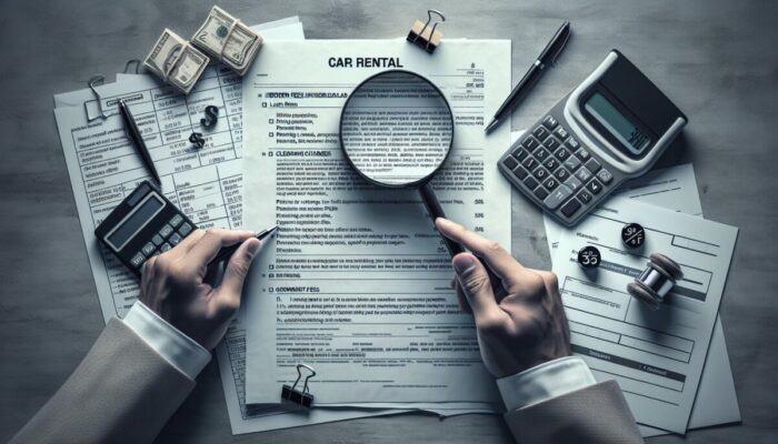 Individual reviewing a car rental contract, highlighting hidden fees with a magnifying glass and calculator.