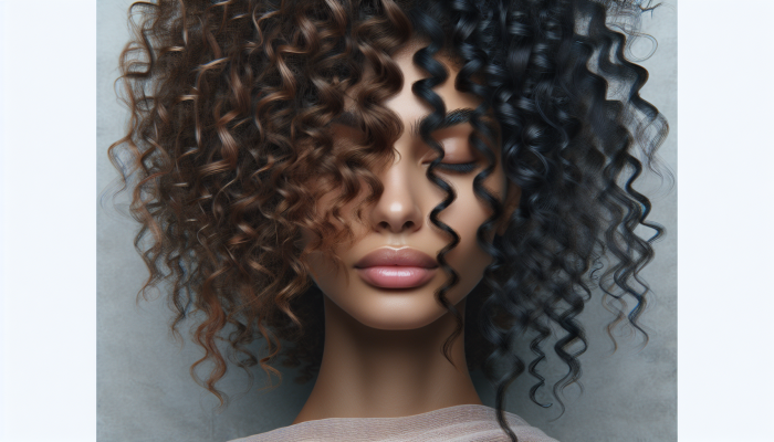 A close-up portrait showcasing mixed texture hair with waves, coils, and straight strands.