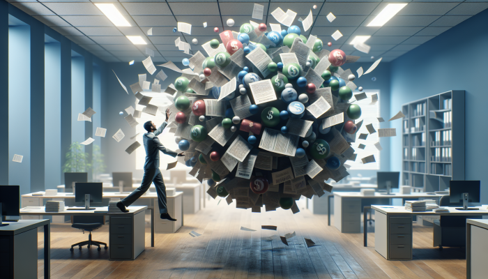 Person consolidating multiple small debts into one manageable loan, symbolising financial relief in an organised office.