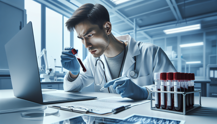 A medical technician labels a blood sample tube with patient details in a clean lab, emphasising accuracy.