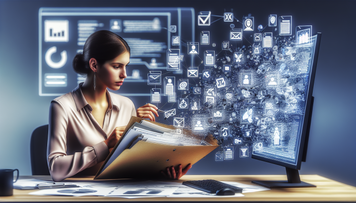 A person organising a labelled folder with documents at a desk, reviewing digital files on a computer.