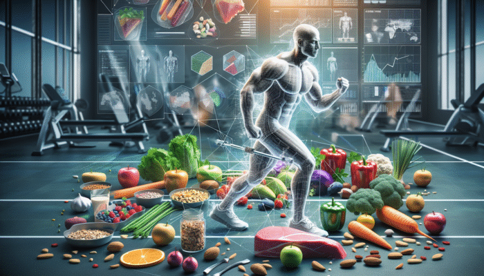 A person exercising in a gym, surrounded by low-carb foods like fresh vegetables, nuts, and lean meats.