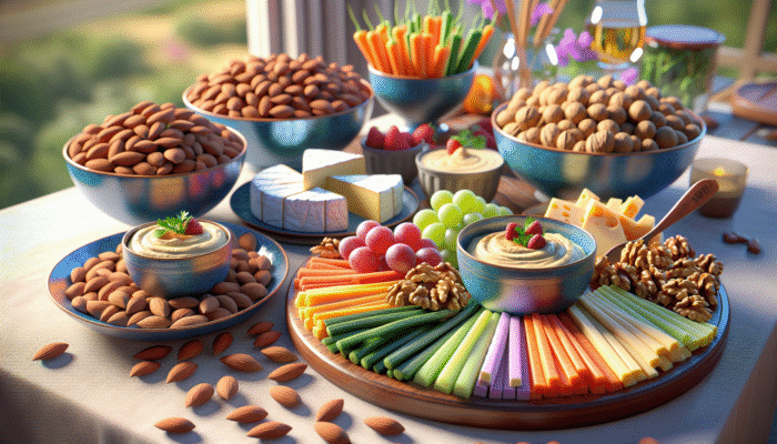 A table with almonds, walnuts, vegetable sticks with hummus, and a cheese platter featuring brie and cheddar.