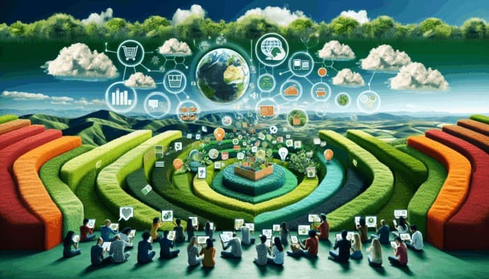 Infographic displaying sustainable living trends, zero-waste tips, and eco-friendly product reviews, featuring diverse consumers using digital devices.