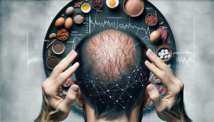 Scalp displaying thinning, brittle hair alongside protein-rich foods such as eggs, meat, and legumes.