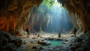 Four individuals with backpacks stand within the majestic ATM Cave in Belize, surrounded by stalactites, rocky formations, and a small pool of water. Sunlight streams in from an opening above, illuminating the centre like a true Adventure Guide’s dream.