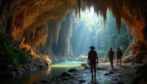 Three individuals with backpacks and hats traverse the magnificent ATM Cave in Belize, alongside a shallow stream. Sunlight floods in from the entrance, illuminating the rocky walls and lush surroundings—an adventure guide leads them past ancient stalactites.