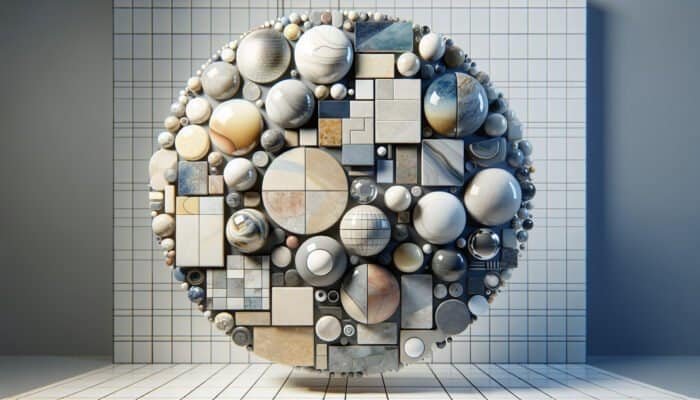 A showcase of diverse porcelain tiles: glazed, glossy and water-resistant; unglazed, natural texture; polished, smooth and reflective, in a high-traffic area.
