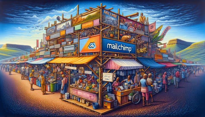 South African market scene featuring Mailchimp and Constant Contact stalls, with local businesses in the background.