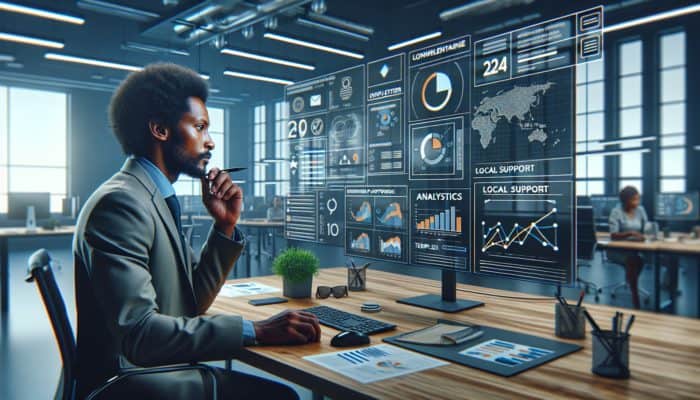 A South African entrepreneur examining affordable newsletter platforms with a budget chart in a modern office setting.