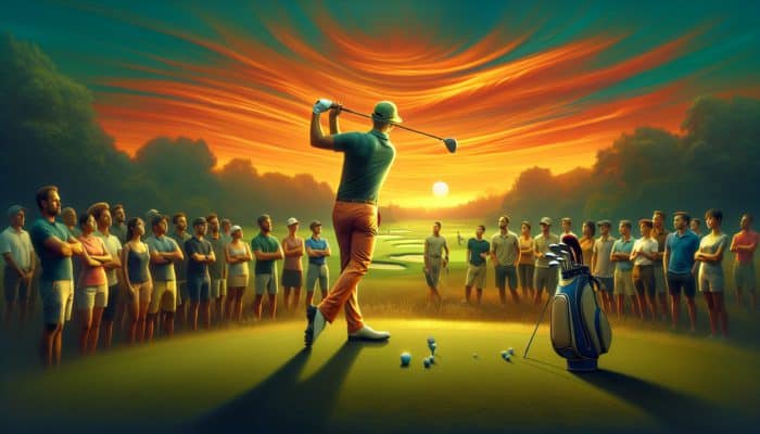 South African golf pro sharing swing tips at sunset on a lush course, with students observing eagerly.
