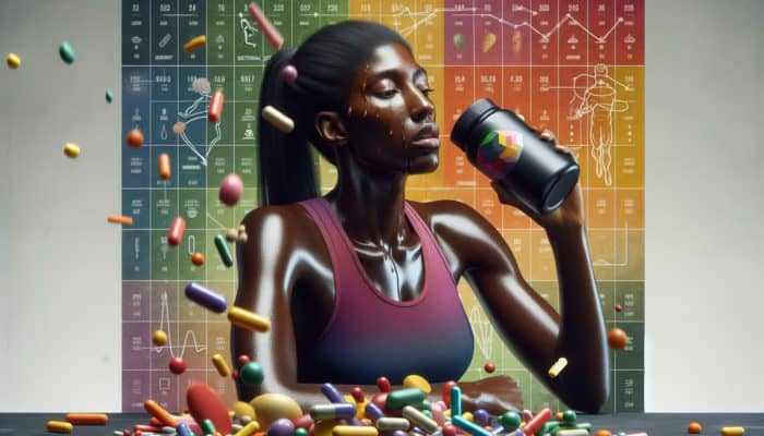 A beginner runner taking supplements post-run, with training schedule and nutritional charts in the background.
