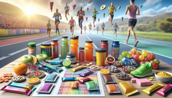 Colourful running supplements including gels, tablets, and powders on a table with a marathon route backdrop.