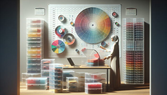 A person organising colourful files at a minimalist workspace with labelled storage boxes and a detailed calendar.