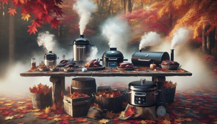 A variety of smokers including electric, charcoal, and pellet, set on a rustic table adorned with autumn leaves.