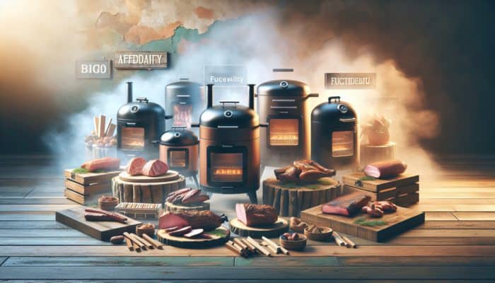 A selection of budget-friendly smokers displayed on a rustic table, surrounded by meats and smoking woods in a warm light.