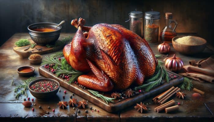 A beautifully succulent smoked turkey adorned with herbs and spices, glistening with moisture in a rustic kitchen setting.