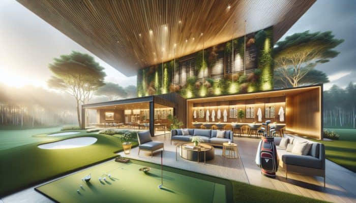 Luxurious golf clubhouse featuring modern amenities including locker rooms, showers, gourmet dining, surrounded by lush greens and a practice range.