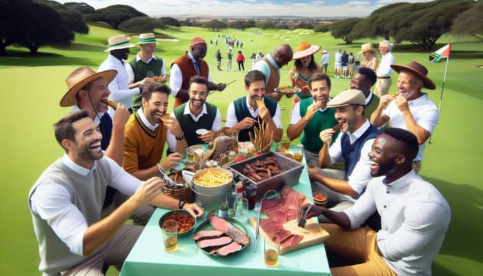 Players enjoying a break at a South African golf course, eating traditional braai and biltong, sharing laughter over a catered meal.