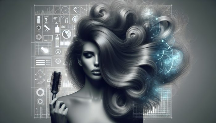 A woman with voluminous hair using a round brush, blow dryer, volumising shampoo, and conditioner to achieve fullness and thickness.