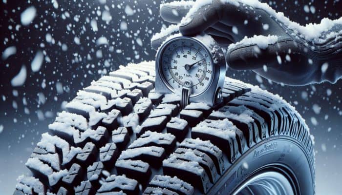 Blizzard Vehicle Prep: A tyre in snow with a tread depth gauge showing 6/32 inches and a hand checking tyre pressure.