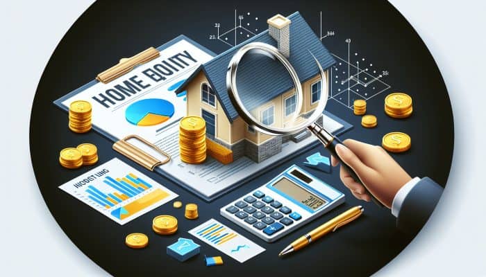 Debt Consolidation Loans vs Home Equity Loans: Your UK Guide | DCL Infographic illustrating home equity loans featuring a house, magnifying glass, graphs, charts, financial documents, and calculators.