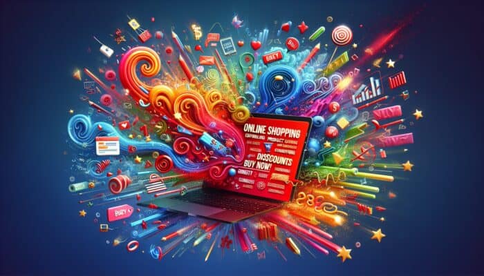 A laptop displaying an online shopping page featuring product descriptions, "Buy Now" buttons, discounts, and customer reviews against a vibrant background.