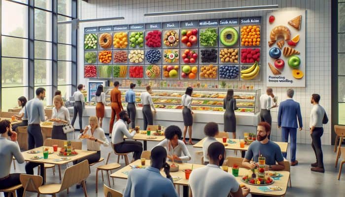 A bustling UK office cafeteria featuring diverse food choices, including salads, fruits, and pastries, with wellness posters promoting healthy eating.