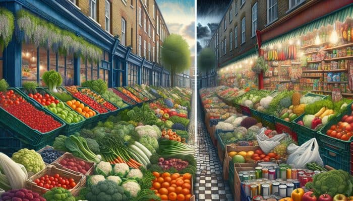 Contrasting affluent UK neighbourhoods with fresh produce markets versus food deserts in lower socioeconomic areas, illustrating disparities in food access.