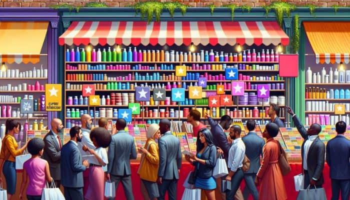 A vibrant UK marketplace stall displaying affordable hair products, featuring expert recommendations and diverse customers browsing.