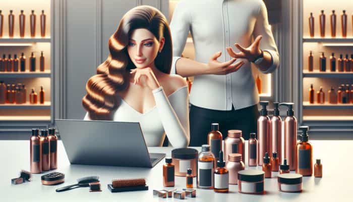 A person with healthy hair using a laptop to view hair care blogs and tutorials, with a stylist and products in a salon.