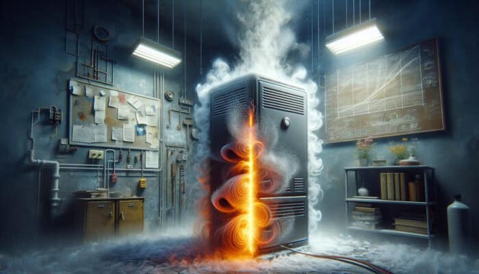 Furnace Services in Surrey: A malfunctioning furnace in a cold Surrey home, showing signs of issues like unusual noises, inconsistent heating, dust, moisture, and a yellow flickering pilot light.