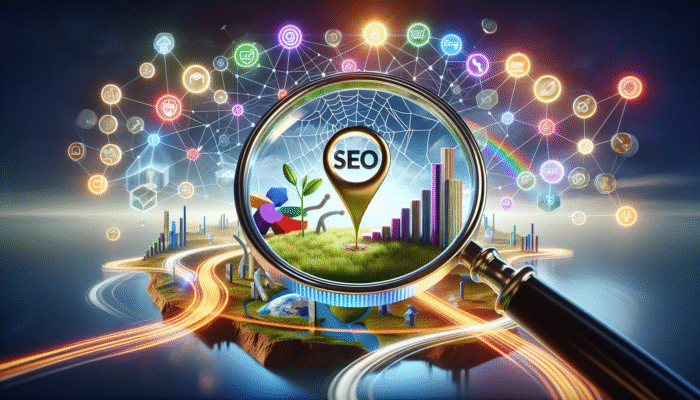 Premier SEO Agency in Yeovil, Somerset: A magnifying glass emphasising "SEO" and "ESSENTIAL" amidst icons of business growth and search rankings.