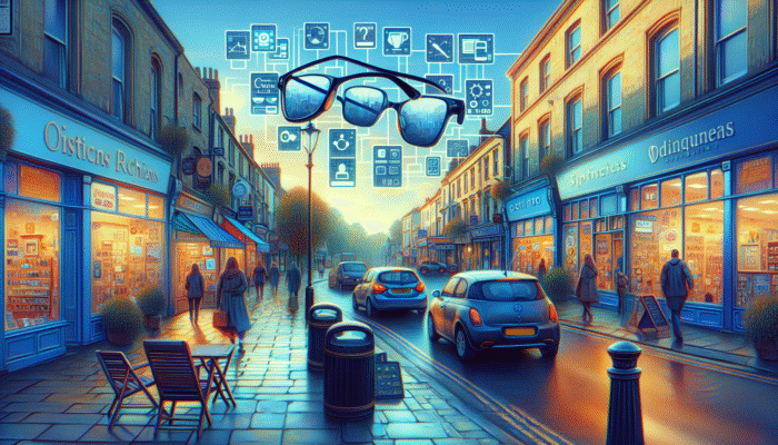 A bustling Yeovil street filled with diverse businesses, showcasing SEO-optimised signs and digital displays for local services.