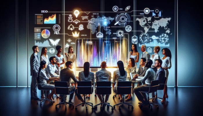 A group of professionals examining SEO analytics on a computer screen in a contemporary office environment.