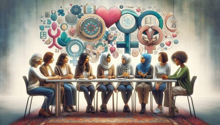 Diverse female experts discussing women's health, surrounded by community symbols in a supportive setting.