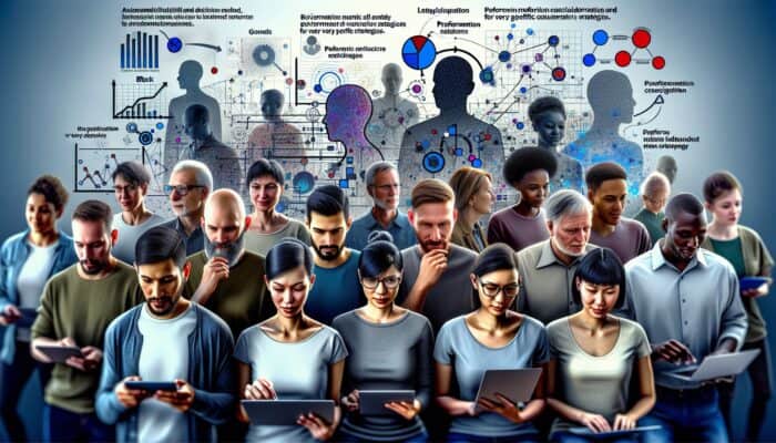A diverse group using digital devices, surrounded by graphs analysing their behaviours for marketing strategies.