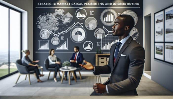 A person negotiating at a modern real estate office in Knysna, with market research charts on the wall.