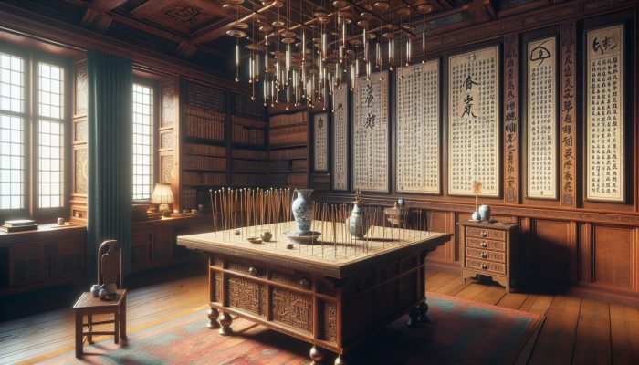 Acupuncture in Historical Texts: 17th-century British scholar studying ancient Eastern texts and acupuncture tools, integrating Eastern medicine into Western culture.