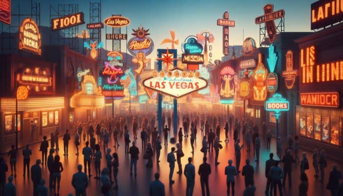 Iconic vintage neon signs glowing at dusk in The Neon Museum, visitors browsing historical replicas and books.